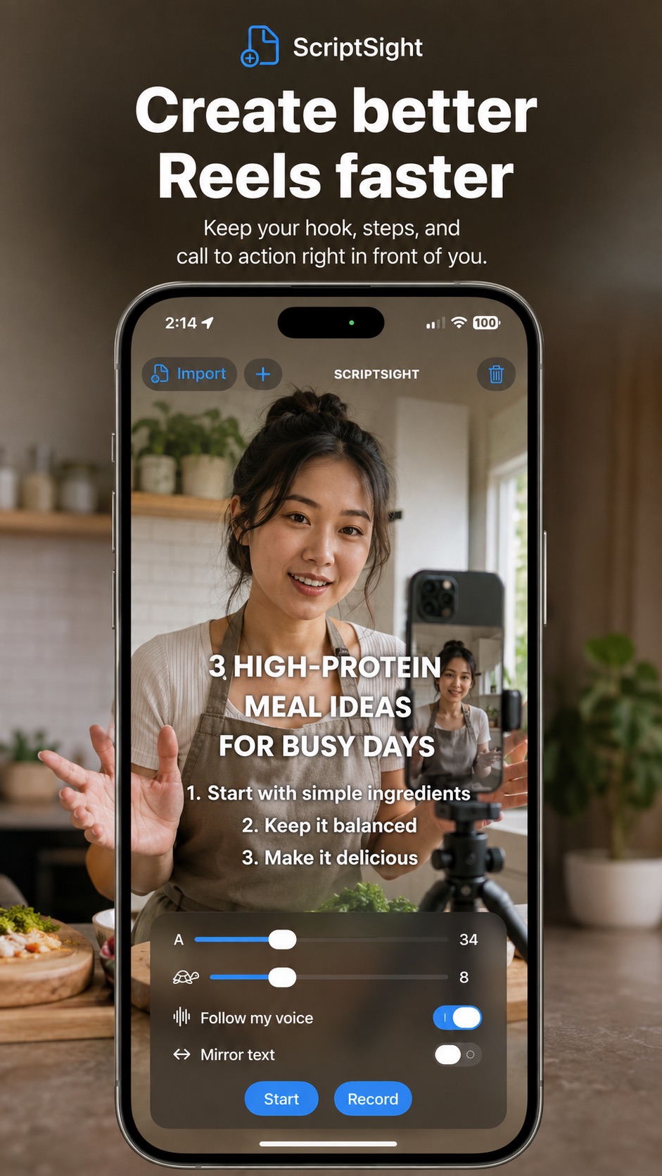 Daily Reels creator using Script Sight on an iPhone