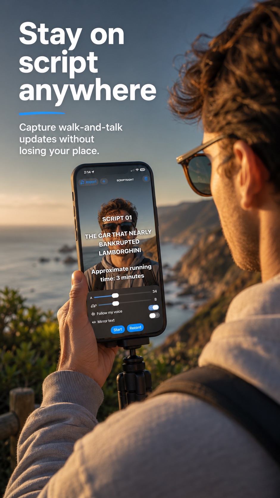 Travel & walk-and-talk creator using Script Sight on an iPhone