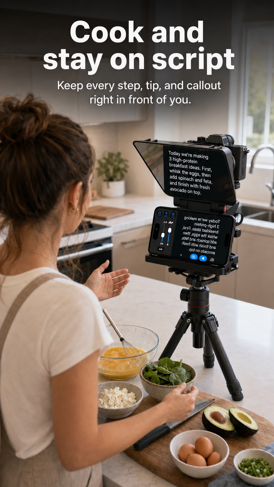 Creator using Script Sight with a DSLR teleprompter rig while filming a cooking video