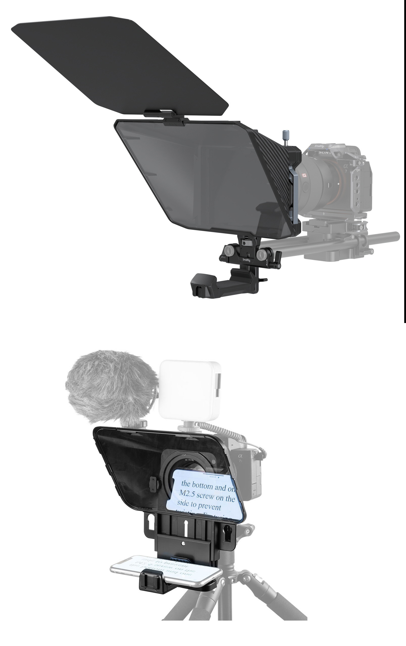 Example of a DSLR teleprompter with a smartphone tray and reflective glass