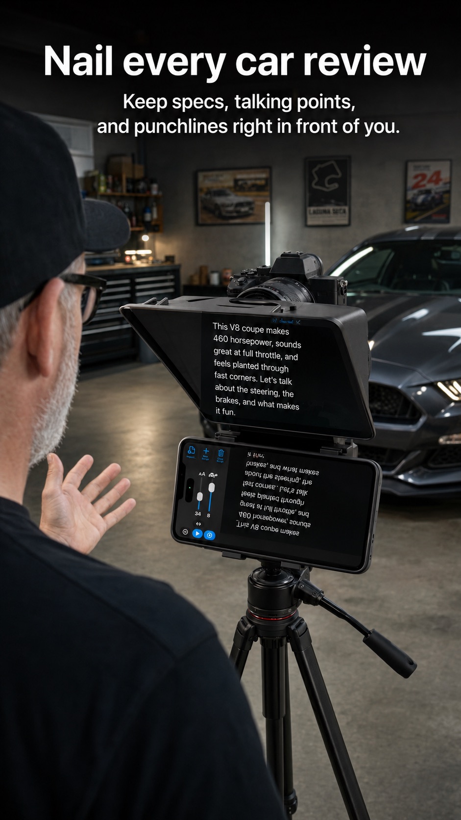 Automotive creator using Script Sight with a DSLR teleprompter rig