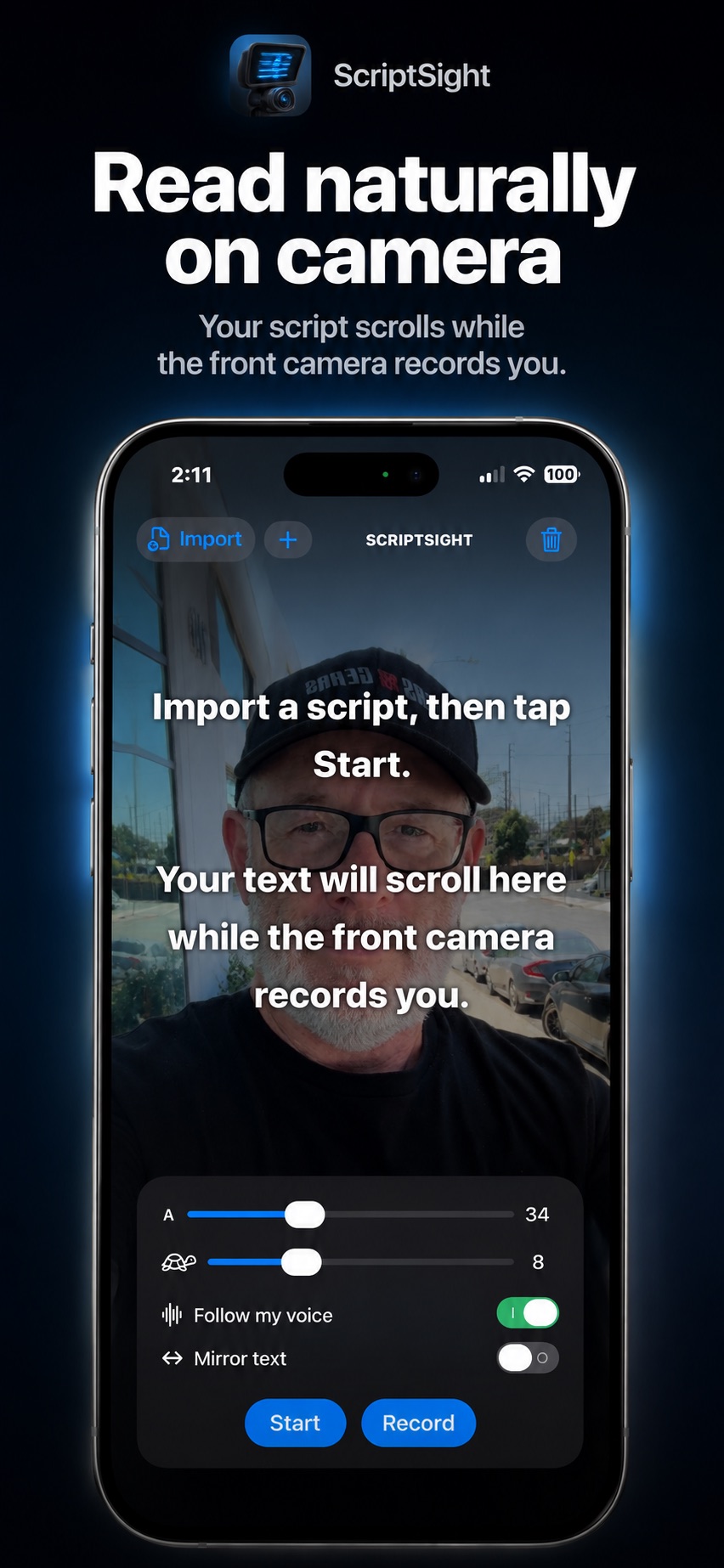 Script Sight running on an iPhone with teleprompter and recording controls