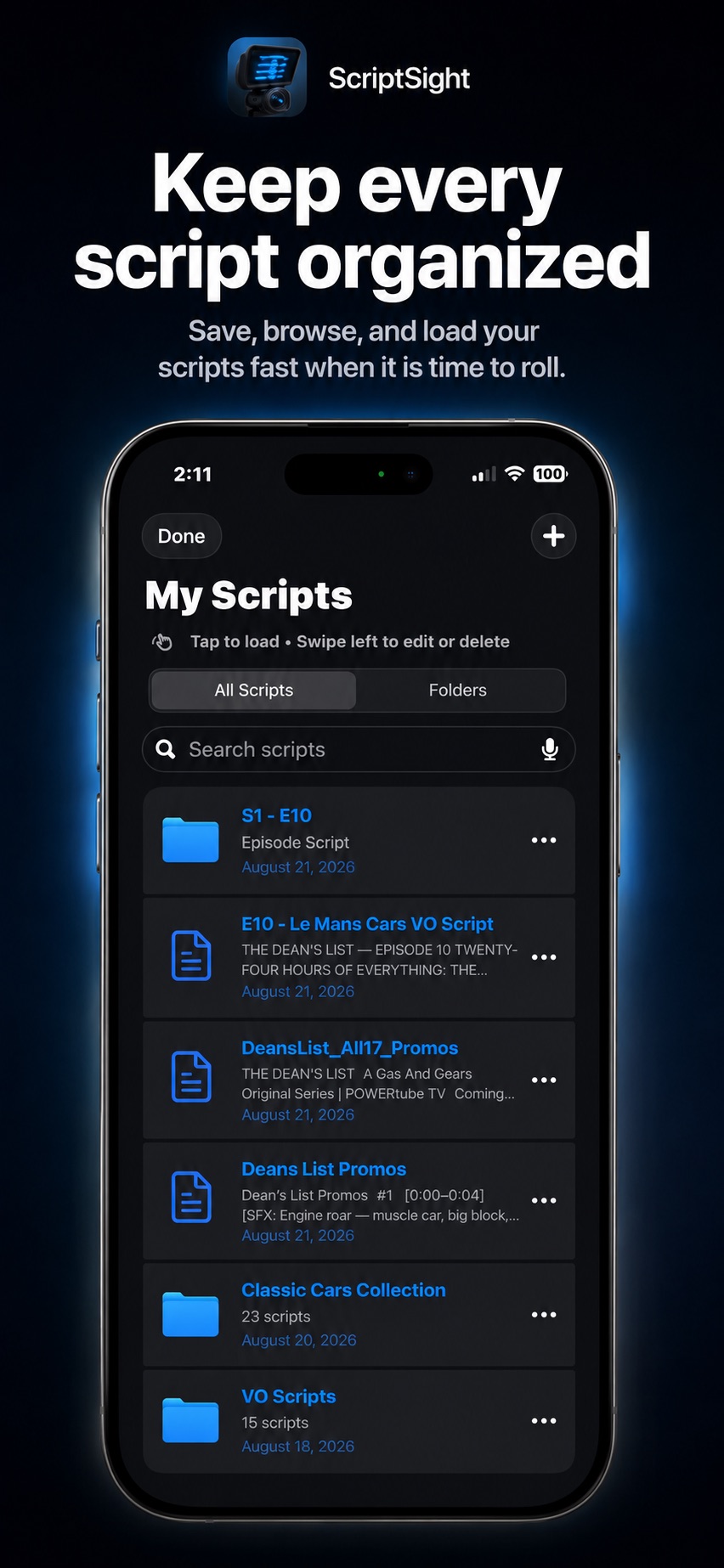 Saved scripts in Script Sight
